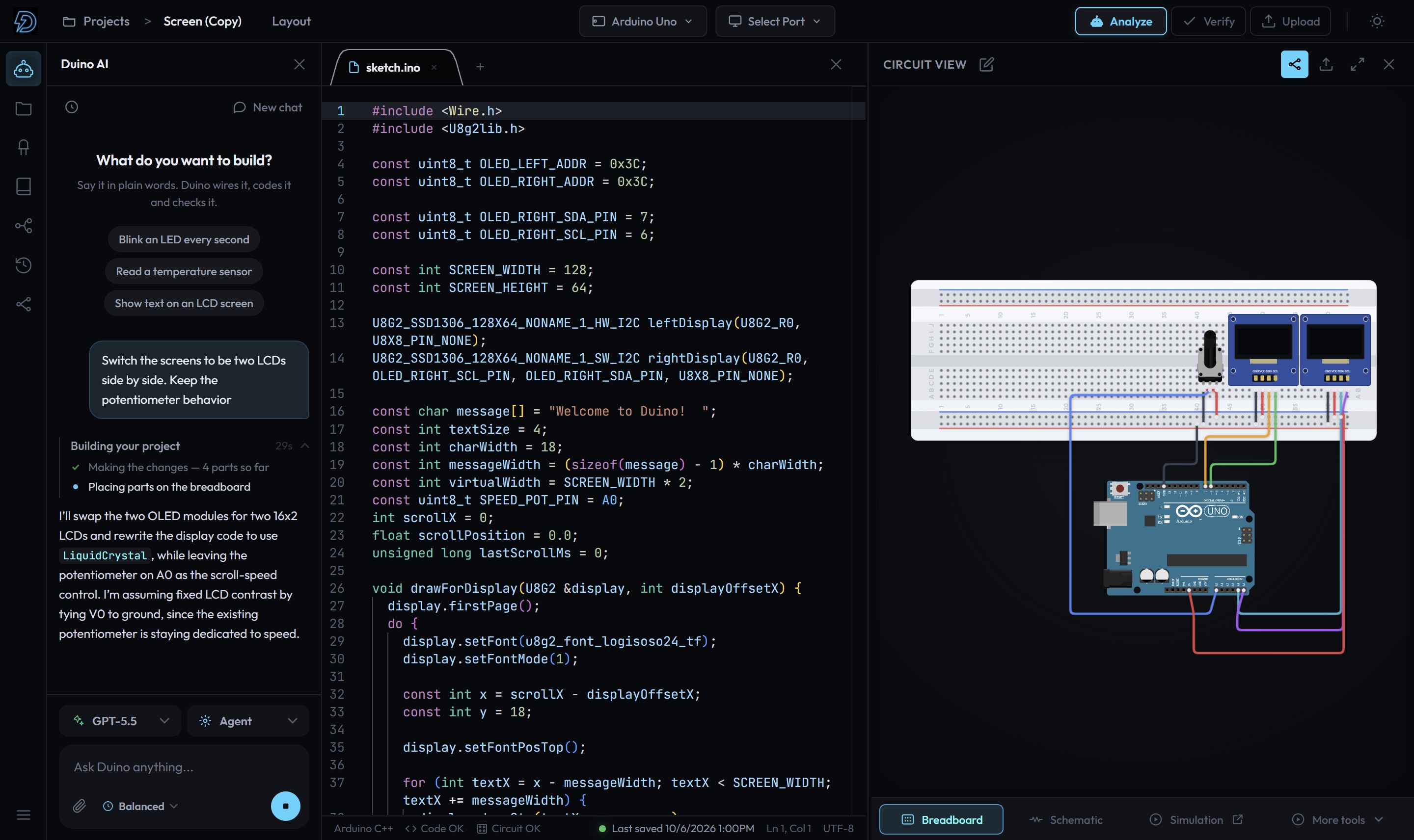Duino AI workspace: AI assistant on the left, sketch editor in the center, and circuit view on the right